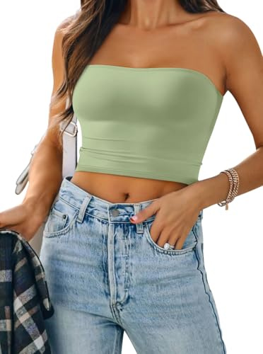 ticticlily Base Top Donna Fascia Bandeau Tubo Crop Top Senza Manica e Spalline Spalle Scoperta Maglietta Stretchy Elastica off Spalla Schiena Canotta A Verde Chiaro XS