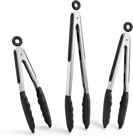 Doosu Kitchen Tongs for Cooking - 600°F Heat Resistant Food Tong Set with Non-Scratch Silicone Tips, Heavy Duty Stainless Steel Locking Tong for BBQ, Grilling Steak, Serving Salad (7+9+12in, Black)
