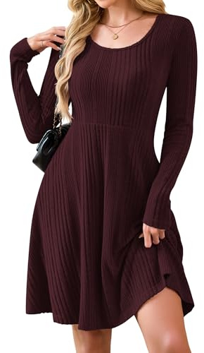 AUSELILY Abito Invernale da Donna a Maniche Lunghe in Maglia con Scollo Rotondo e Tasche Vino Rosso 2XL