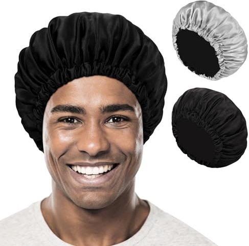 Halinuia 2 Pieces Bonnet en Satin Homme pour Cheveux Nuit Bonnet de Nuit Femmes Respirant Ajustable Cheveux Locks Élastique de Fixation Antidérapante pour Tresses Bouclés