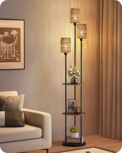 GOEBLESON Rattan Floor Lamp with Shelves, Boho for Living Room | Rustic Brown and Yellow, Vintage Wood Shelf, Standard Standing Tall Lamp, Foot Switch, 3-Light for Bedroom, Study