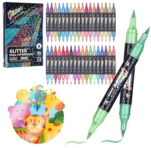 KEMYR Pennarelli glitter a doppia punta, set da 72 colori con punte glitterate, confezione da 36 pezzi, pennarelli metallici brillanti per biglietti, fai da te, scarabocchi, scrittura, libri da