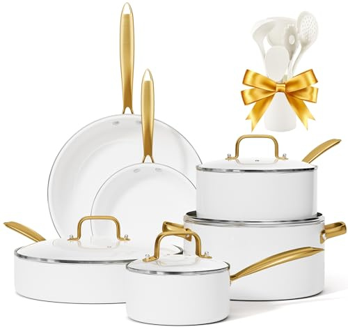 RIOVARM Induzione Set di pentole e padelle con coperchi, In ceramica Antiaderente Set di pentole con set di utensili da cucina, Set cucina essenziale Padella Pentola Padella per salse Spatole