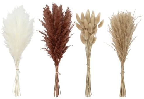 110Pcs Stalks Pampas Grass Artificial, Pampas Grass Decor with 60 Bunny Tails, 15 Natural Reeds, 15 White Reeds, 20 Foxtails, Rustic Decor, 17in Height