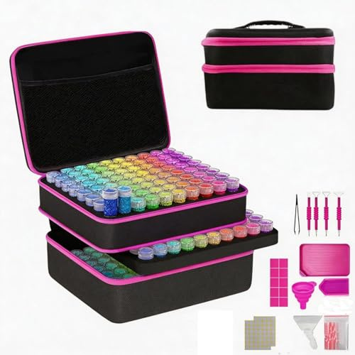 NEWFUN Diamantmålningsväska, diamantmålning förvaringslåda, 240 stycken diamantmålning, tillbehör, lådor med resväska, tratt (magenta)