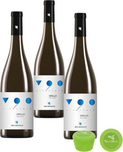 Sicilia Bedda - VINO V90 BRUGNANO 100% GRILLO DOC - Box da 3 Bottiglie da 750 Ml con Tappo in Silicone Sicilia Bedda