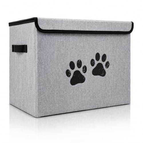 Koweth Pet Toy Storage Box with Lid Carry Handles and Secure Closure, | Foldable Dog Toy Organiser with Paw Print Design, 41.5 x 30 x 30.5cm