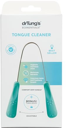 drTung's Stainless Steel Metal Tongue Scraper - Tongue Cleaner for Adults, Kids, Helps Freshen Breath, Easy to Use Comfort Grip Handle, Comes with Fabric Travel Pouch - 1 Pack
