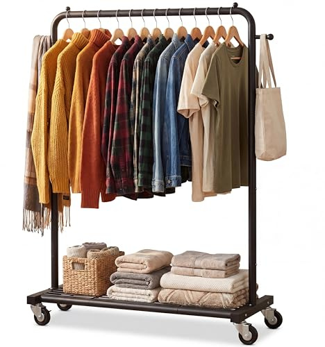 Sywhitta Metal Clothing Rack on Wheels with Mesh Shelf, for Clothes,Black