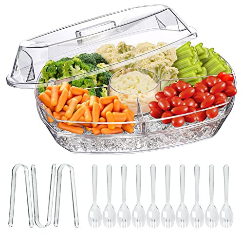 LIMOEASY Chilled Veggie Tray, 15 Inch Clear Party Platter with 4 Compartments, Ice Serving Bowl with Lid, Cold Food Buffet Server for Fruit, Vegetable, Appetizer, Shrimp