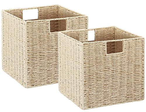Vagusicc, Set di 2 cestini portaoggetti in vimini, intrecciati a mano, per mensole, con manici, pieghevoli, cubi, organizer da 22,9 cm, per dispensa, decorazione camera da letto, beige