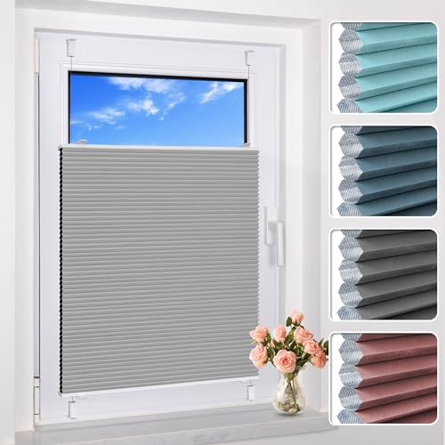 BelleMax Wabenplissee ohne Bohren Verdunkelung Thermo Plissee Klemmfix, Hellgrau-weiß 80x110cm(BxH), 100% Blickdicht,Schallschutz Sonnenschutz Doppelplissee für Fenster