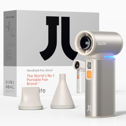 JISULIFE Portable Handheld Turbo Fan, 100 Speeds Adjustable Mini Personal Fan, 9000mAh USB Rechargeable Battery Operated, LED Display, Metal Shell with Accessories Gifts for Men Women Travel-Brown