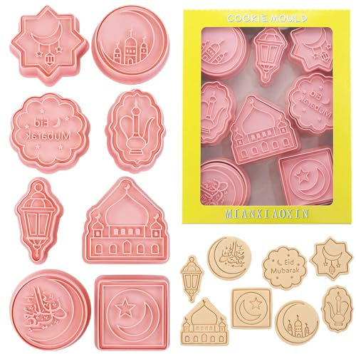 MIANXIAOXIN 8 Pcs Happy Birthday Cookie Molds New Year Spring Festival 3D Biscuit Mould Baking Tool Easter Cartoon Stamps for Biscuits (Eid al-Fitr A)