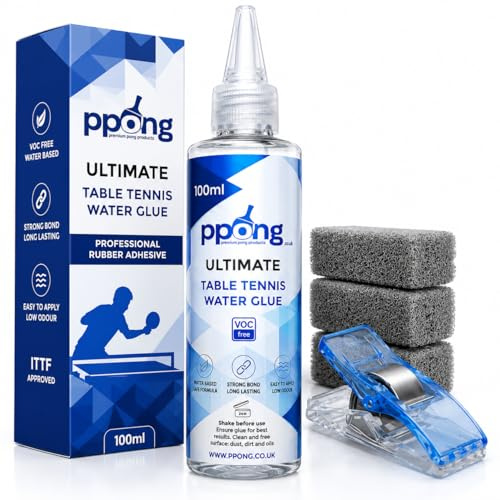 PPong Table Tennis Glue 100ml – Professional Water Based Ping Pong Rubber Adhesive – VOC Free Table Tennis Bat Glue with Applicator Sponges for Racket Rubber Replacement