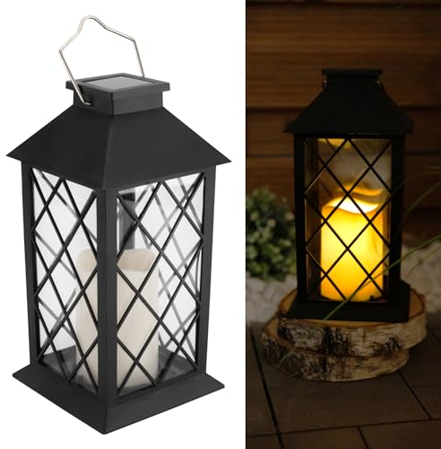 Lumiled Farolillo solar exterior farolillos solares para exteriores LED de cristal lámpara solar vela efectos de llama IP44 vintage negro colgante lámpara decorativa exterior lámpara de jardín 1 pieza