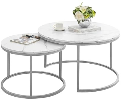 Ginhow Couchtisch Marmor Optik | Satztische fürs Wohnzimmer | ø 80 + 60 Groß Tisch Rund | MDF Coffee Table | Weiß Marmoroptik und Silber Stahl Gestell