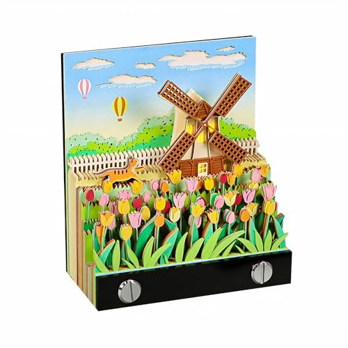 TOPCHANCES Calendrier de bureau 2025 avec moulin à vent, notes autocollantes 3D avec lumière, papier à déchirer, notes artistiques pour bureau, maison, cadeaux, ornements (avec calendrier et lumière)