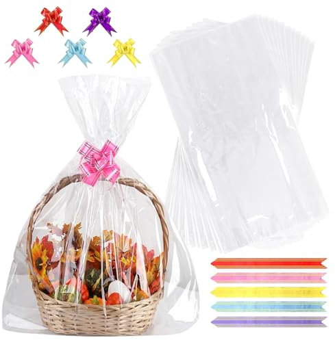 INNAL 20 Pcs Cellophan Geschenktüten Set, 10 Große Geschenkfolie Transparent Cellophantüten 100x70cm Geschenkpapier Cellophantüten mit 10 Zugschleifen für Geschenke Körbe Bastelkorb Hochzeit Blumen