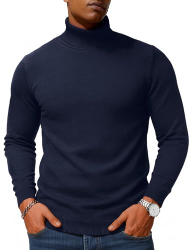 TACVASEN Mens Jumpers Turtleneck Knitted Sweaters Casual Plain Work Jumpers Regular Fit Winter Thermal Pullover Tops Navy,L