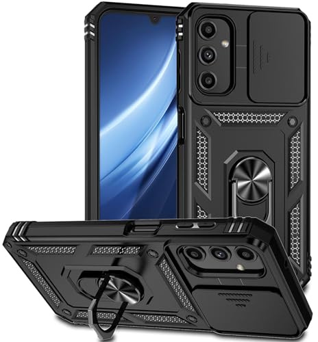SEAHAI Funda para Samsung Galaxy A36 5G, Estuche con 360 Grados Anillo Soporte y Cámara Deslizante Proteger [Grado Militar Anti-Caída] Silicona PC + TPU Bumper Antigolpes Carcasa - Negro