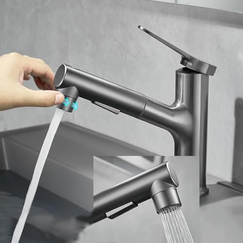 OWOHYG Robinet pour lavabo de Salle de Bain Robinet de Salle de Bain monotrou extractible Robinet de lavabo sous Plan en Laiton - Gris
