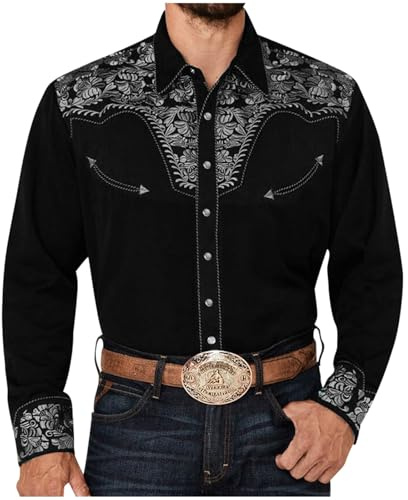 Beokeuioe Chemise de cowboy western pour homme - Manches longues - Broderie - Chemise de cowboy Country Western - Boutonnée - Hippie - Costume de cowboy - Chemise de loisirs