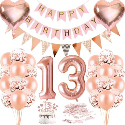 Decoration Anniversaire 13 Ans, Or Rose Ballons Deco Anniversaire, Décorations Anniversaire, Happy Birthday Banner, Décoration de Gâteaux, Rosegold Ballon 13 Ans Aniversaire de Fête pour Fille Femme