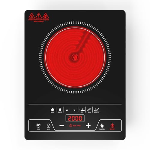 VBGK Glaskeramikkochfeld,Glaskeramik Kochfeld 1 Platte Tragbar,220V 2000 W Kochplatten Herdplatte mit LED-Touch-Steuerung,8 Leistungsstufen,4-Stunden Timer,Sicherheitsverriegelung,Restwärmeanzeige