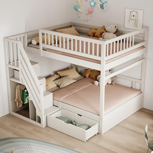 Kinderbett Etagenbett 140x200, Hochbett für 4 Kinder, Stockbett mit Treppe&Aufbewahrungsschrank&Schublade, Holzbett Jugenbett Funktionsbett mit Lattenrost&Rausfallschutz,Kiefernholz,Ohne Matratze,Weiß