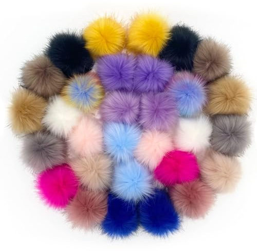 Lusy DM 30 Faux Fur Pom Pom Balls with Elastic Loop for Hats, Scarves, Shoes, Bags, Keychains (15 Colors, 2 Pcs Per Color)