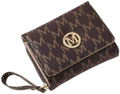 Uoocg Briefdruck Geldbörse Damen Klein Pu Leder Portemonnaie Damen Geldbeutel Mini Kurzer mit Zipper Münzfach Brieftasche (braun)