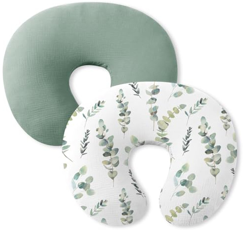 Little Grape Land 2 Pack Nursing Pillow Covers, Stretchy and Soft Nursing Cover for Breastfeeding, Muslin Cotton, Pillow Slipcover for Baby Girls Boys Newborn(Leaves + Green)