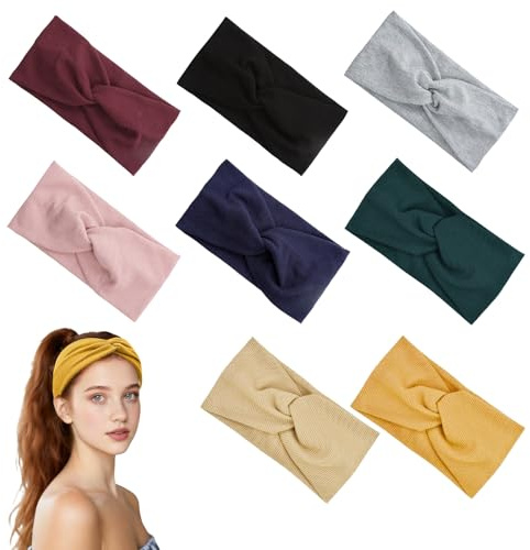 VEGCOO 8 Pcs Bandeau Cheveux Femme, Bandeaux Mode pour Femmes, Tricot Bandeau Femmes Multicolore, Elastique Cheveux Serre Tete Femme Pour Yoga Fitness Exercice