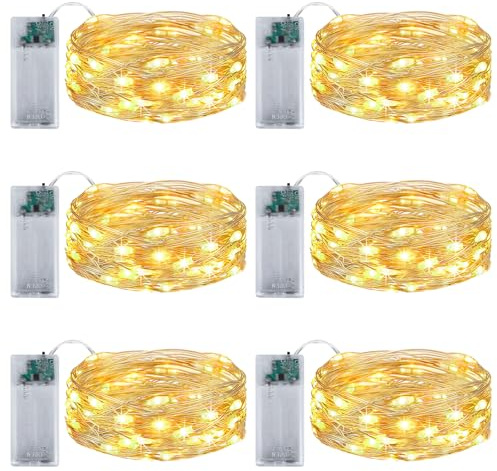 6 stycken LED-ljusslingor batteri med timer, 3 m 30 LED koppartråd, ljuskedja inomhus, ljuskedjor batteridriven för fest, sovrum, jul, bröllop, halloween, dekoration, gör-det-själv (varmvit)