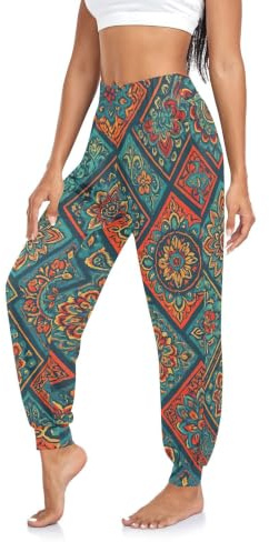 Färgglada mandala blommiga harembyxor hippie semester yogabyxor lounge träning träningsbyxor sommarbyxor