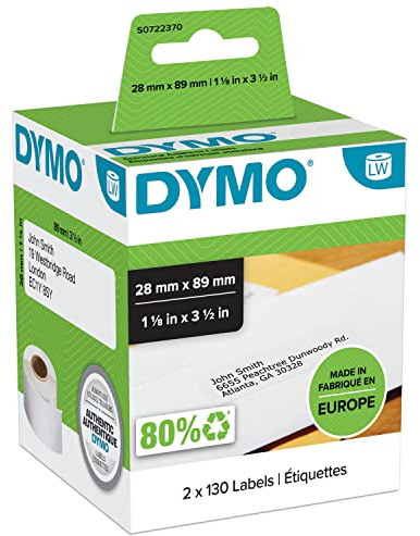 DYMO Authentic LabelWriter Address Labels | 28 mm x 89 mm | Self-Adhesive | Roll of 130 | 2 Pack (260 Easy-Peel Labels) |for LabelWriter Label Makers | Made in Europe