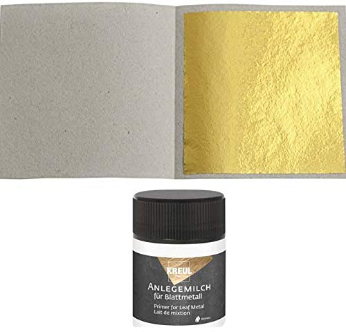 50 Blatt Blattgold Imitat Blattmetall Schlagmetall zum Vergolden & Basteln Kunst Handwerk Vergoldung Dekoration Möbel Malerei + 1 x Kreul Anlegemilch 50 ml