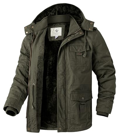 WenVen Chaqueta de Algodón a Prueba de Viento Parka Casual Militar Clásica Parka Capucha Gruesa Extraíble con Pelo Cazadora Entretiempo Bolsillos Múltiples Hombres Verde Militar L