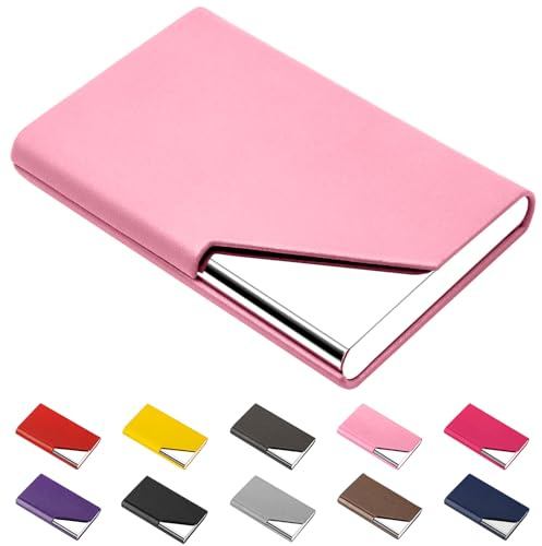 Padike Business Card Holder, PU Leather & Stainless Steel Multi Card Case for Men & Women, Name Card Holder, Credit Card Wallet, ID Case/Holder with Magnetic Closure (Pink)
