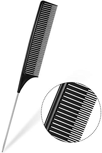 Stainless Steel Rat Tail Comb for Highlighting, Teasing, Parting and Styling - Professional Pintail for Salon and Home Use, Black