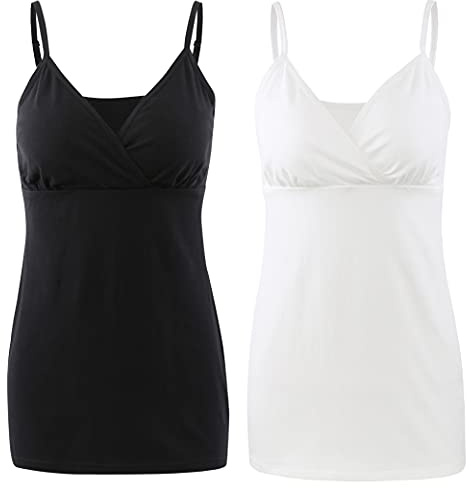 COLOMI Amning tanktops för moderskap integrerad bh för amning grundläggande kamisole, Svart/vit/2-pack, XL
