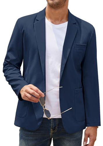 COOFANDY Men's Casual Linen Blazer Lightweight Regular Fit One Button Sport Coat Wedding Suit Jacket Navy Blue