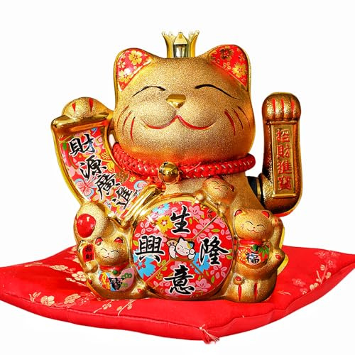 XIYUAN 7.5Inch Golden Lucky Cat with Waving Gold Arm Operated Chinese Feng Shui Deoration Lucky Fortune Cat for Shops, Restaurants, Living Room Gift for Friends or Colleagues