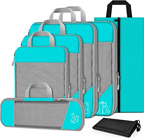 TAMOWA Koffer Organizer Set 7-teilig, Packtaschen mit Kompression, Compression Packing Cubes für Rucksack und Koffer, Packwürfel, Kofferorganizer Reise Kleidertaschen für Kleidung Schuhe Unterwäsche