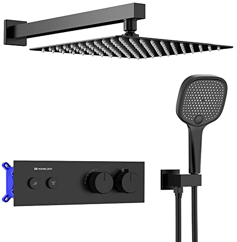 HOMELODY Duschsystem Schwarz Unterputz Duscharmatur Set Duschsystem mit Thermostat 38℃,Regendusche Unterputz Schwarz inkl.Kopfbrause 10 Zoll,Multifunktionale Handbrause,Messingkörper