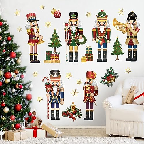 decalmile Christmas Nutcrackers Window Wall Decals Christmas Trees Gold Snowflakes Nutcracker Wall Stickers Room Door Christmas Party Window Showcase Wall Decorations