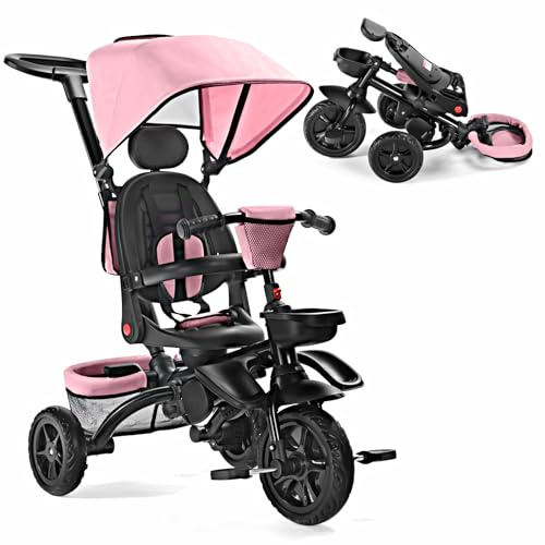 TODEFULL Folding Kids' Tricycle, 8 IN1 Baby Trike W/Removable Canopy &Parental Push Rod, Toddler Bike Stroller for Kids 1-5 Years, 360° Swivel Seat, EVA Wheels，Storage Basket, Pink