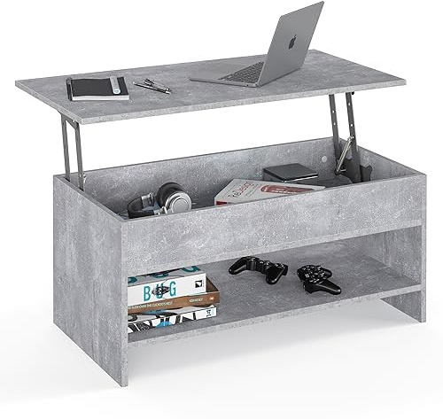 KOMTO Couchtisch Höhenverstellbar - Wohnzimmertisch mit Stauraum Aufklappbar Sofatisch für Wohnzimmer Kaffeetisch Stubentisch Beton | Coffee Table Tokyo 98,4 x 50,4 x 48