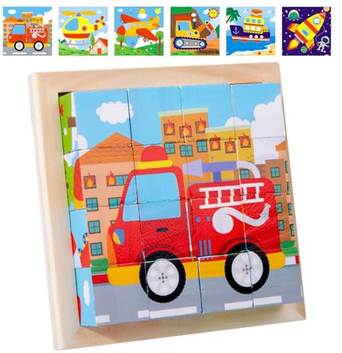 Würfelpuzzle Holz 3D Bilderwürfel Puzzlespiele, 6 in 1 Holzpuzzle Kinder Montessori Puzzle Würfel Spielzeug, Fördert Hand-Auge-Koordination, Geschenk für Jungen Mädchen, für Kinder ab 1 2 3 4 Jahre